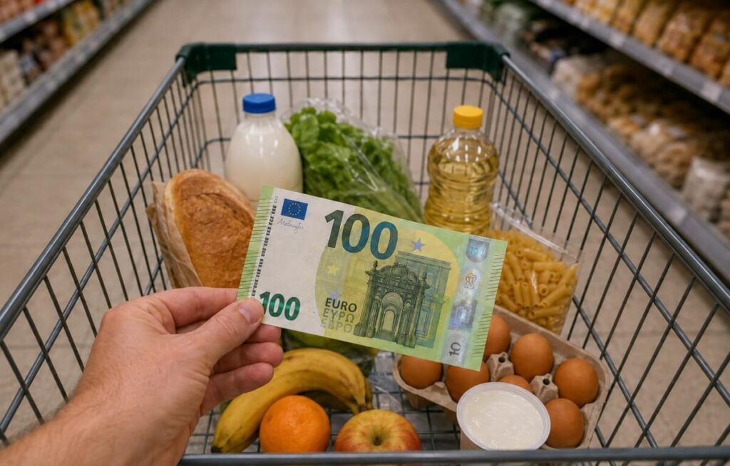 100 eura, korpa, shopping cart, supermarket, prodavnica